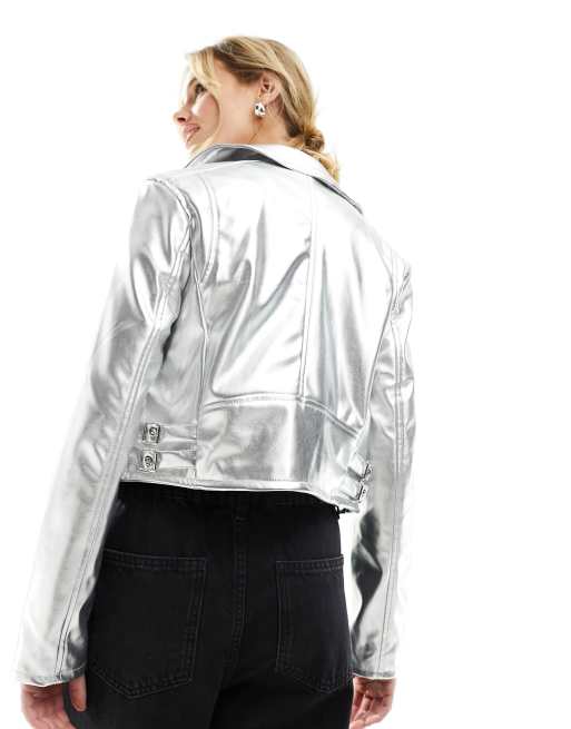 Silver metallic biker on sale jacket