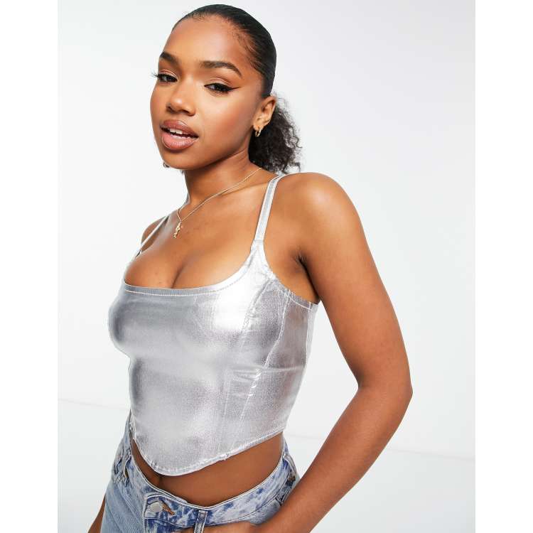Bershka metallic coated denim corset crop top co-ord in silver | ASOS