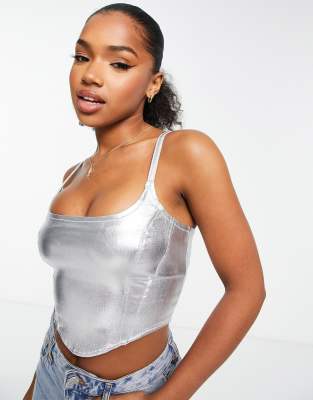 Foiled Square Neck Corset Crop Top - Silver