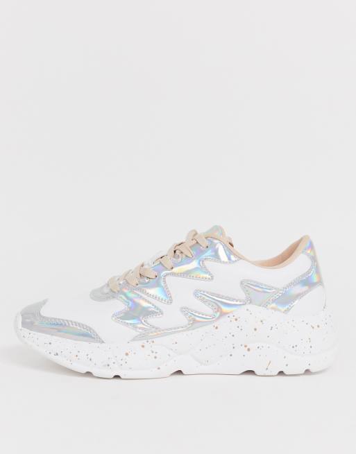 Bershka metallic mix chunky sneakers in white | ASOS