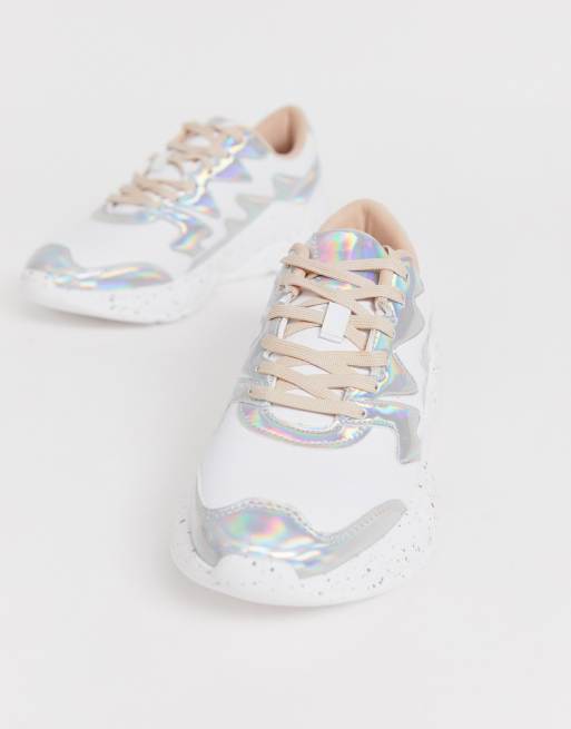 Bershka metallic mix chunky sneakers in white | ASOS