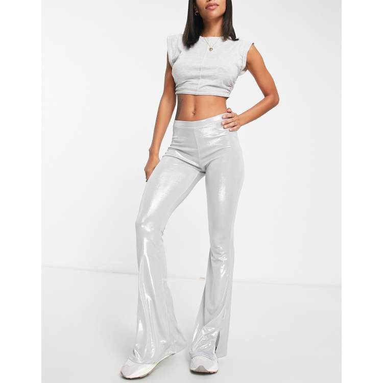 Bershka metallic split hem flare pants in silver