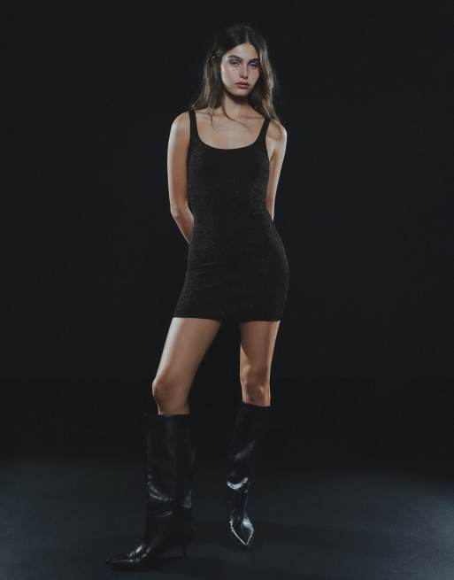 Bershka Metallic thread strappy mini dress in black, 2 of 5