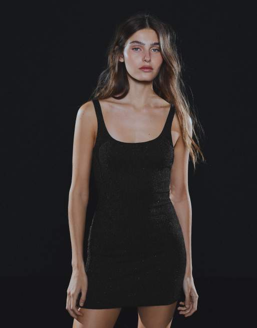 Bershka Metallic thread strappy mini dress in black, 4 of 5