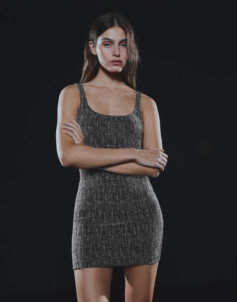 Bershka Metallic thread strappy mini dress in silver