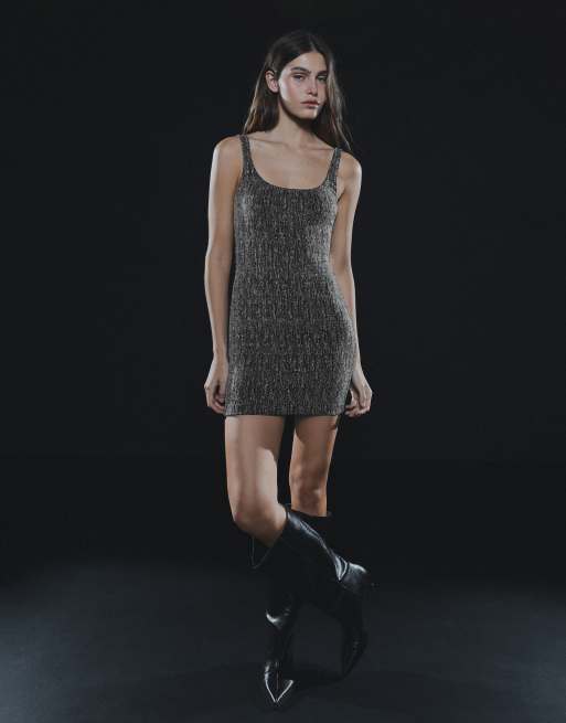 Bershka Metallic thread strappy mini dress in silver | ASOS