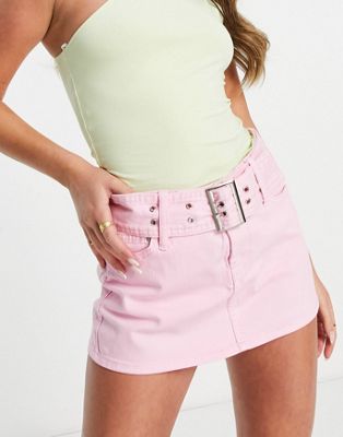 Bershka micro 90s buckle detail mini skirt in baby pink