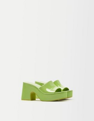 Bershka mid heel chunky 70s platform heeled sandal in bright green