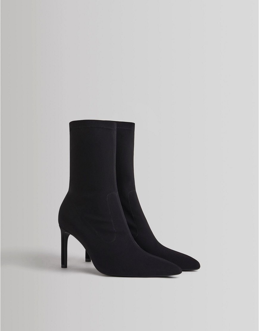 Bershka mid heeled sock ankle boot in black