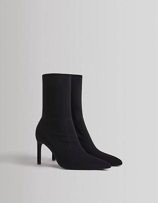  Boots/Bershka mid heeled sock ankle boot in black 