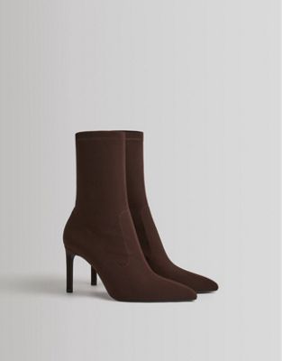 Bershka mid heeled sock ankle boot in dark brown