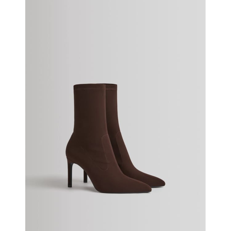 Bershka mid heeled sock ankle boot in dark brown ASOS