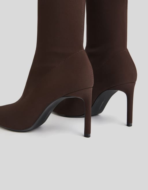 Bershka mid heeled sock ankle boot in dark brown ASOS