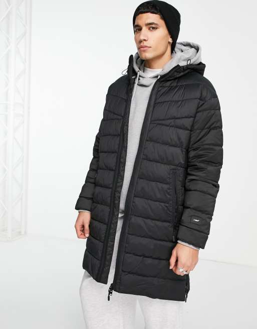 Bershka longline puffer coat with hood in black online