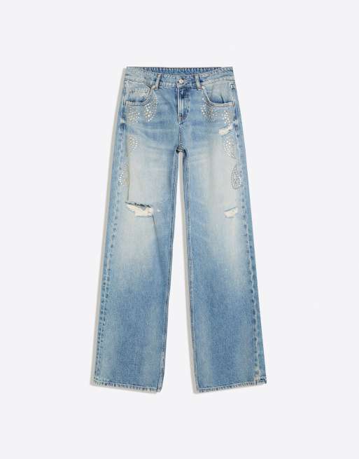 Bershka Mid-waist straight-leg studded jeans in mid blue, 6 of 6
