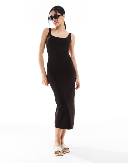 Bershka – Midaxi-Kleid in Braun mit eckigem Ausschnitt