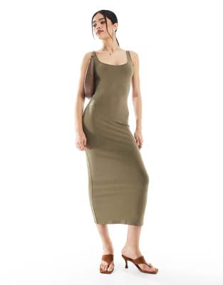 Bershka - Midaxi-Kleid in Khaki mit U-Ausschnitt-Grün