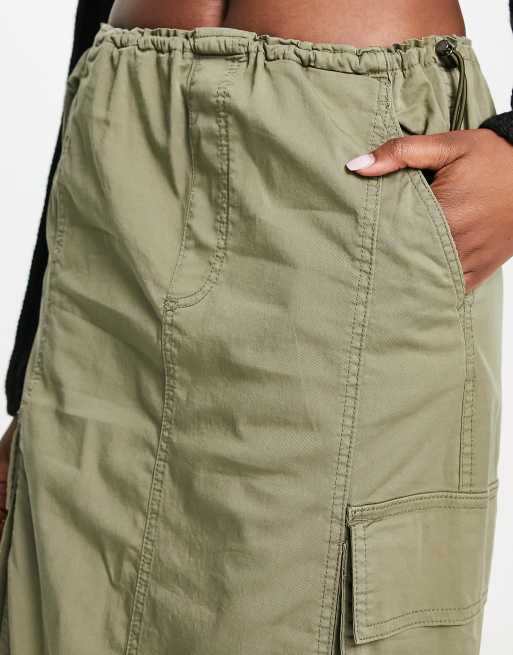 Bershka midi cargo skirt in khaki