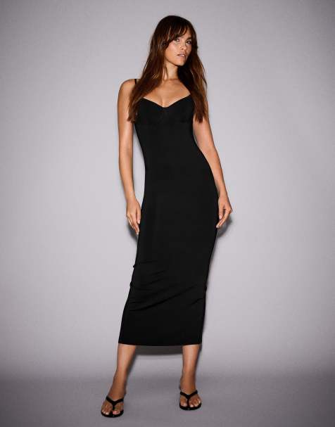 Bershka Midi dress with straps and sweetheart neckline in black