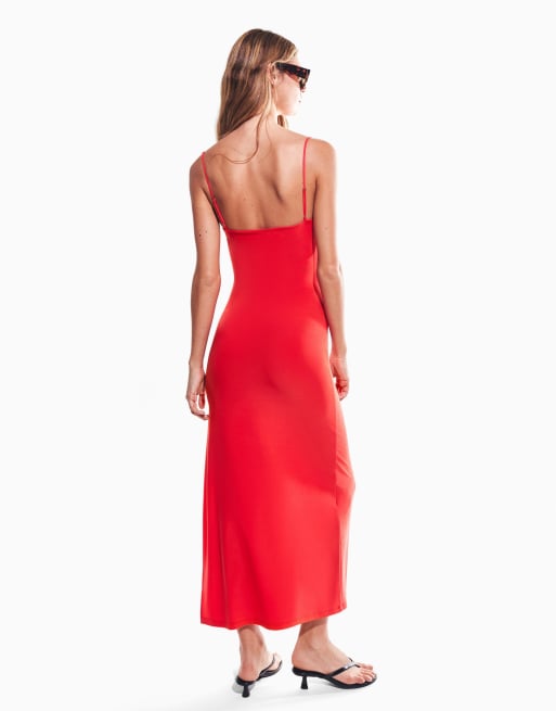 Bershka - Midi jurk met aangerimpelde bandjes in koraal, 3 van 5