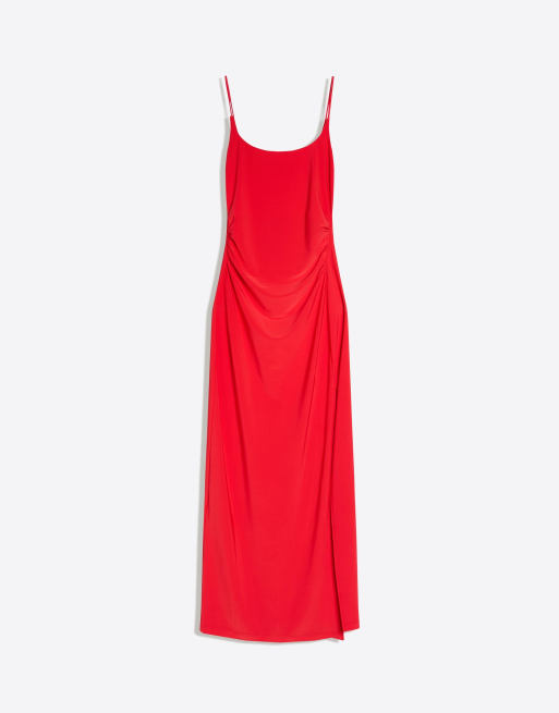 Bershka - Midi jurk met aangerimpelde bandjes in koraal, 5 van 5