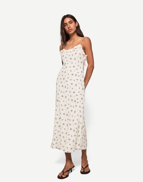 Bershka - Midi jurk met bandjes en print in wit   - view 1