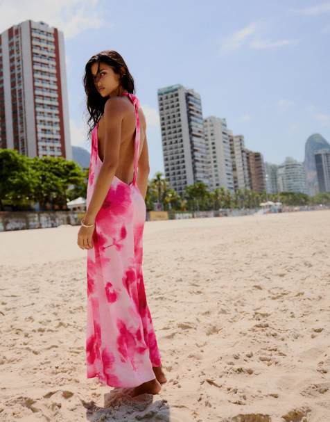 Bershka - Midi jurk met halternek en print in roze - view 1