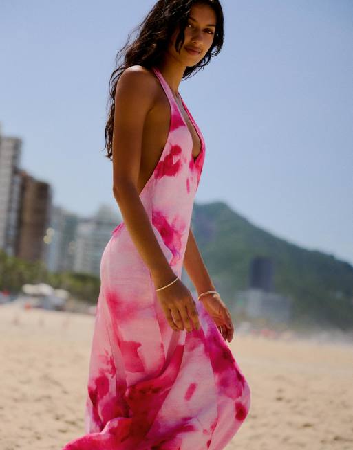 Bershka - Midi jurk met halternek en print in roze, 2 van 4