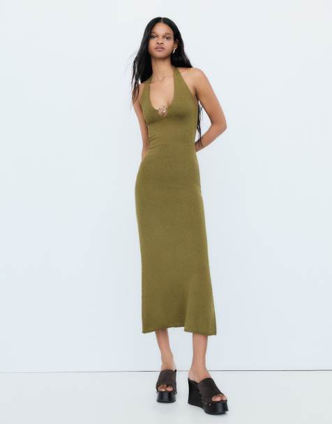 Bershka - Midi jurk met halternek in kaki - view 1