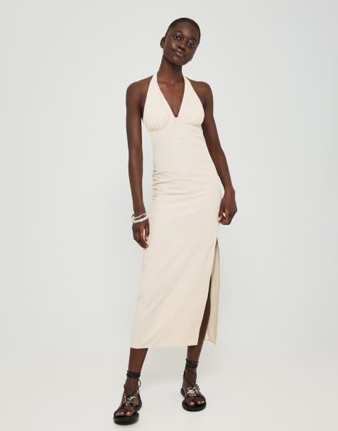 Bershka - Midi jurk met halternek in lichtgeel - view 1
