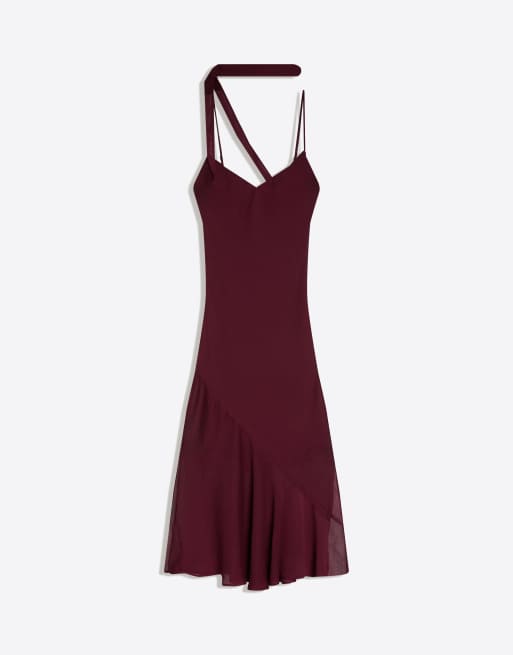 Bershka - Midi jurk van chiffon met sjaal in bordeauxrood, 4 van 4