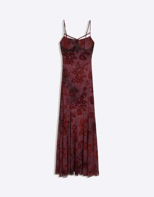 Bershka midi-jurk van flocked tule met bandjes in bruin, 5 van 5