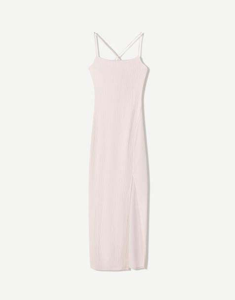 Bershka - Midi jurk van kreukelstof met bandjes in wit - view 1