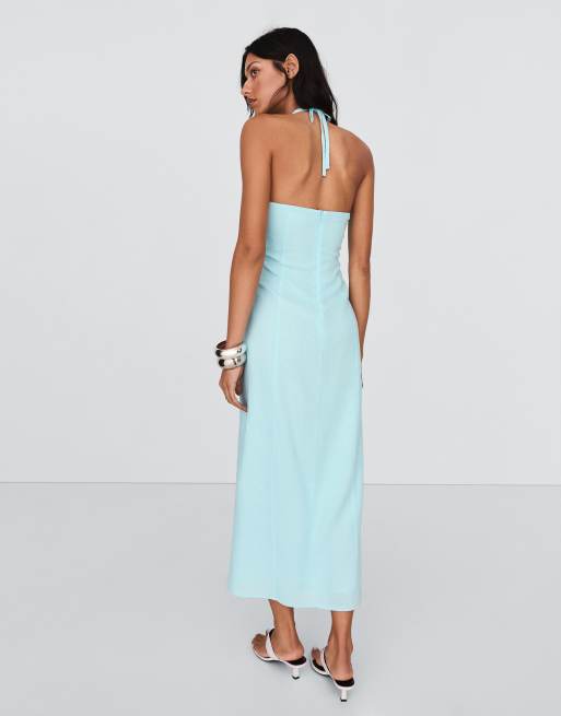 Bershka - Midi jurk van linnenmix met halternek in blauw, 3 van 5