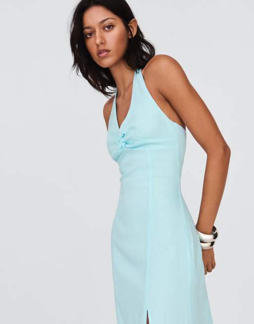 Bershka - Midi jurk van linnenmix met halternek in blauw, 4 van 5