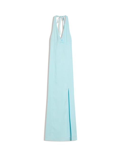 Bershka - Midi jurk van linnenmix met halternek in blauw, 5 van 5