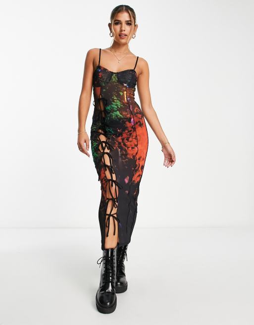 Bershka - Midi jurk van mesh met print en gestrikte details in multi