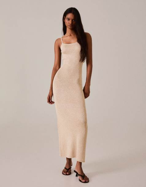 Bershka midi-klänning med paljetter och axelband i guld - view 1