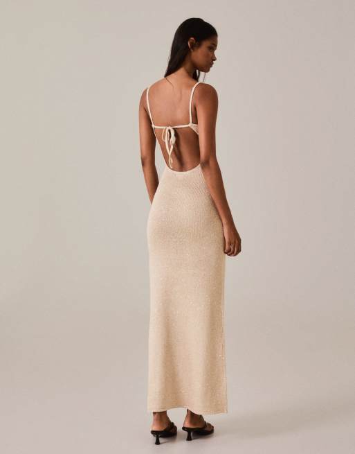 Bershka midi-klänning med paljetter och axelband i guld, 3 av 5