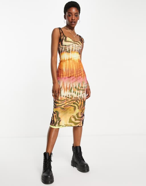 Bershka midi printed mesh dress in orange ASOS