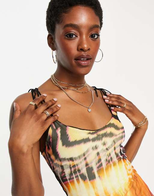 bershka orange dress Bershka midi printed mesh dress in orange