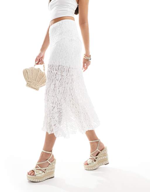 Bershka - Midi rok van kant in wit, 4 van 5