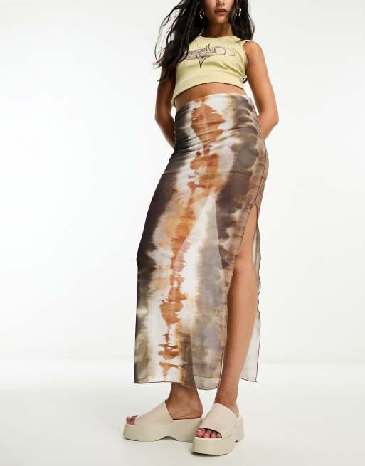 Bershka - Midi rok van mesh in bruin met kleurverloop