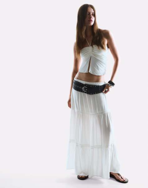 Bershka Midi skirt with lace trim in white