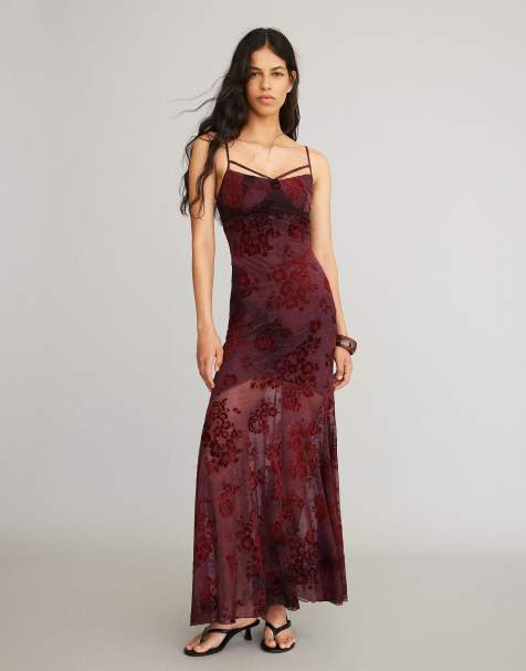Bershka Midikleid aus beflocktem Tüll mit Trägern in Braun - view 1