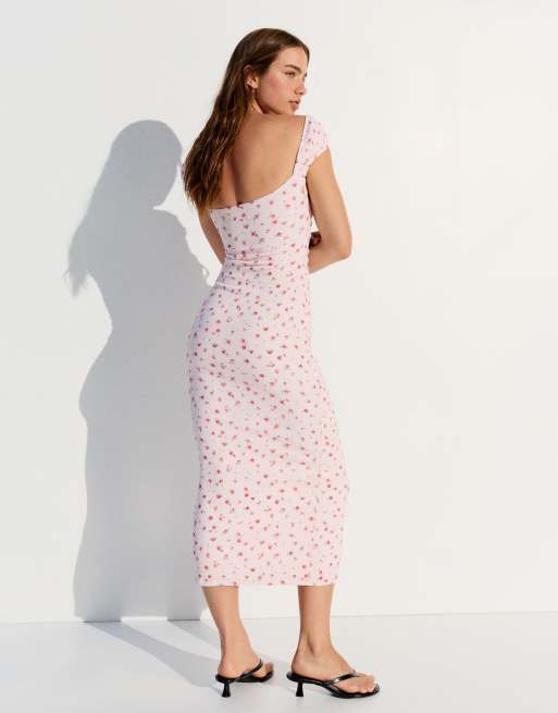 Bershka Midikleid aus Crinkle-Spitze in Pink, 3 von 5