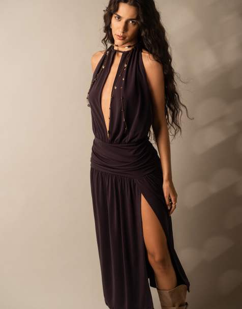 Bershka – Midikleid in Braun mit Neckholder - view 1