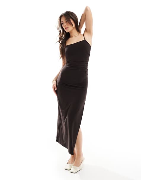 Bershka – Midikleid in Dunkelbraun mit Riemchenträgern - view 1