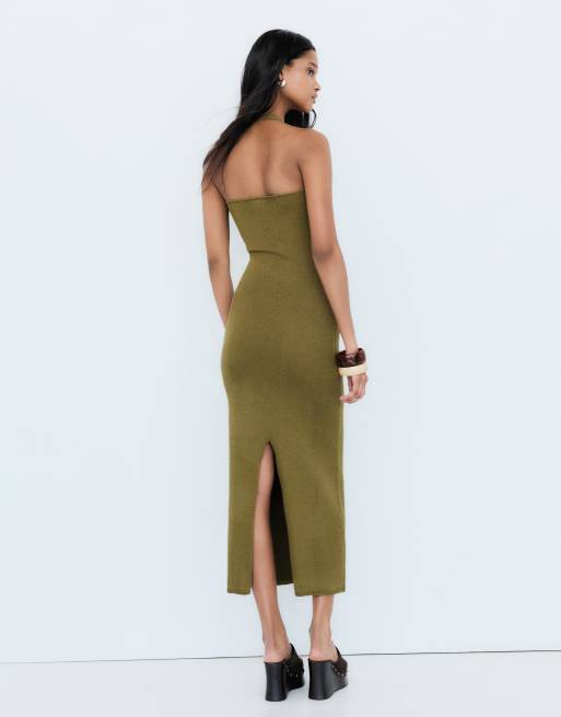 Bershka – Midikleid in Khaki mit Neckholder, 2 von 4