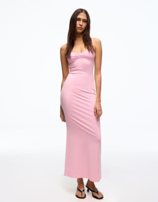 Bershka - Midikleid in Rosa mit gerafften Trägern